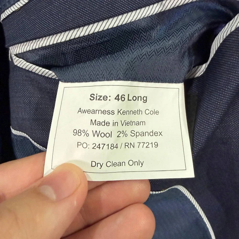 Awearness Kenneth Cole Mens 46L 3-Piece Suit Vest Blue Slim Fit Wool Blend 36x31 - Picture 7 of 16